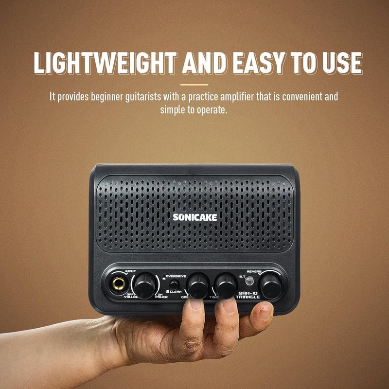 SONICAKE 10W Mini Guitar Amp, Portable Guitar Combo Amplifier with Clean/Overdrive/Reverb, All-in-one Rechargeable BT Amplifier Speaker with Aux in Jack for Bedroom Practice - Triangle QAM-10 - Image 2